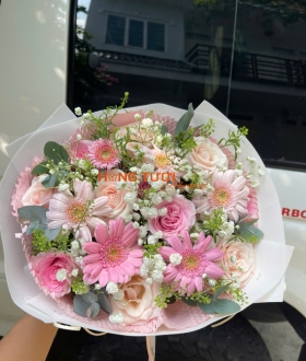 Bó Hoa Hồng Pastel Phối Đồng Tiền Hồng