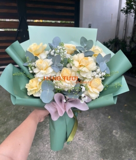 Bó Hoa Hồng Vàng Kem Phối Baby Trắng