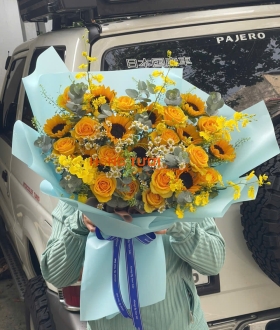 Bó Hoa Hồng Vàng Phối Hướng Dương