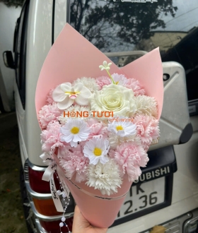 Bó Hoa Sáp Hồng Phấn Phối Hồng Trắng Và Cúc Trắng