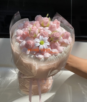 Bó Hoa Sáp Hồng Phấn Phối Cúc Trắng