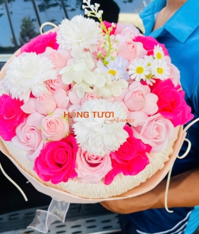 Bó Hoa Sáp Hồng Phối Trắng Dáng Tròn