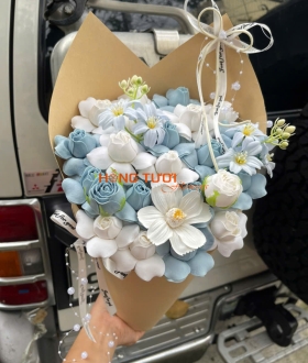 Bó Hoa Sáp Xanh Pastel Phối Trắng Gói Giấy Kraft