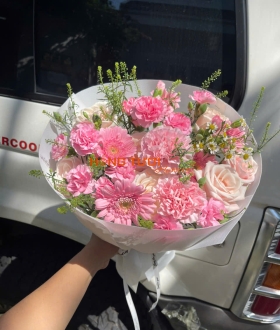 Bó Hoa Tươi Hồng Pastel Phối Đồng Tiền Và Cẩm Chướng