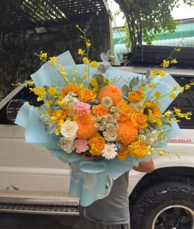 Bó Hoa Vàng Cam Phối Cúc Mẫu Đơn