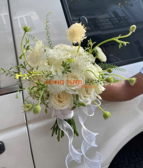 Bó Hoa Cưới Cầm Tay Hồng Trắng Kem Dáng Tự Nhiên