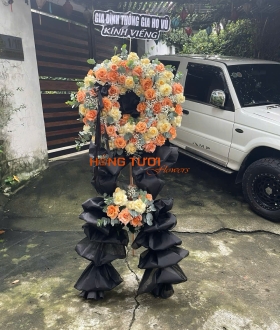 Kệ Hoa Chia Buồn Vòng Hồng Cam Đào Hai Tầng
