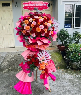 Kệ Hoa Chúc Mừng Hai Tầng Phối Hồng Đỏ Cam