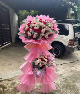 Kệ Hoa Tươi Hai Tầng Hồng Phấn Phối Hồng Đỏ