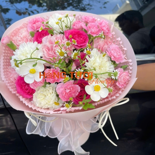 Bó Hoa Hồng Hồng Phối Cẩm Chướng Và Cúc Trắng
