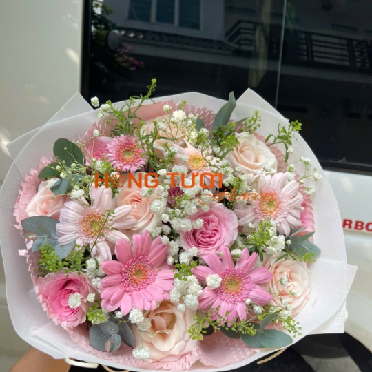 Bó Hoa Hồng Pastel Phối Đồng Tiền Hồng