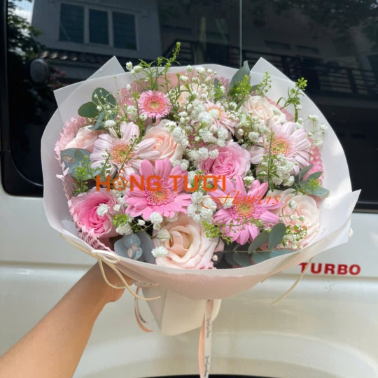 Bó Hoa Hồng Pastel Phối Đồng Tiền Hồng