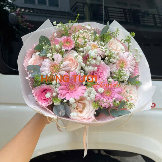 Bó Hoa Hồng Pastel Phối Đồng Tiền Hồng