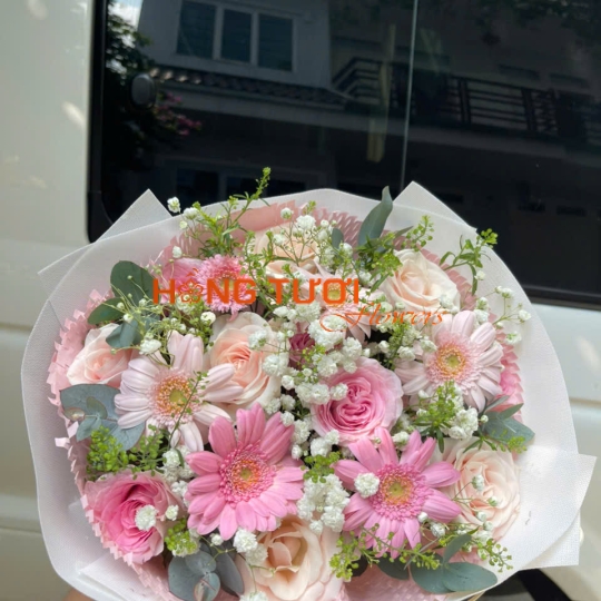 Bó Hoa Hồng Pastel Phối Đồng Tiền Hồng