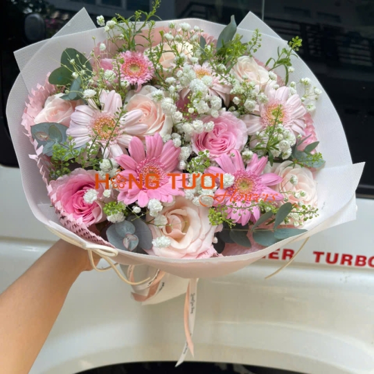 Bó Hoa Hồng Pastel Phối Đồng Tiền Hồng