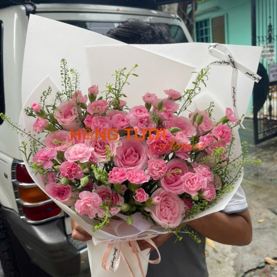 Bó Hoa Hồng Phấn Phối Cẩm Chướng Hồng