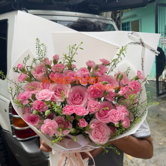 Bó Hoa Hồng Phấn Phối Cẩm Chướng Hồng