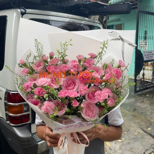 Bó Hoa Hồng Phấn Phối Cẩm Chướng Hồng