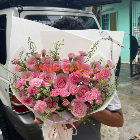 Bó Hoa Hồng Phấn Phối Cẩm Chướng Hồng