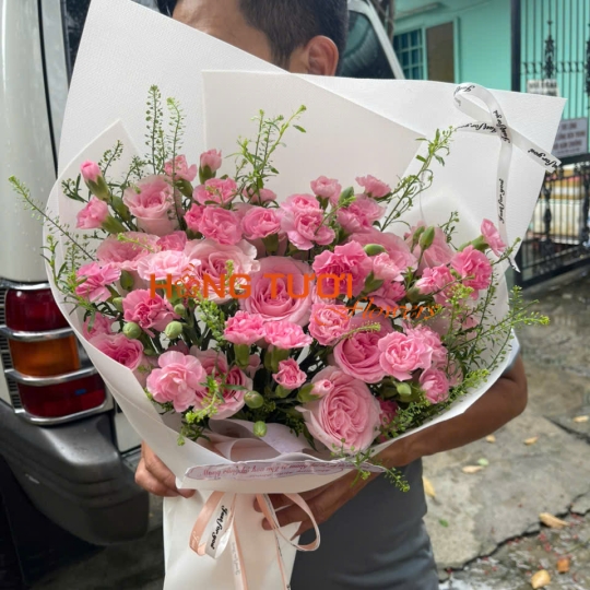 Bó Hoa Hồng Phấn Phối Cẩm Chướng Hồng