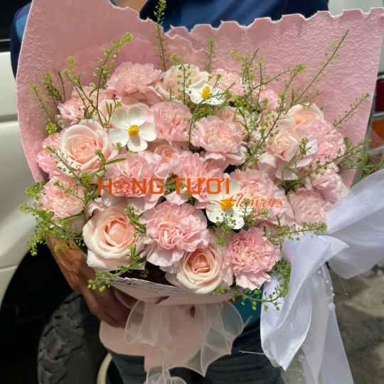 Bó Hoa Hồng Tươi Pastel Phối Hoa Trắng