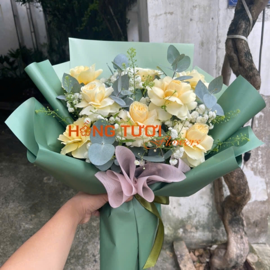 Bó Hoa Hồng Vàng Kem Phối Baby Trắng
