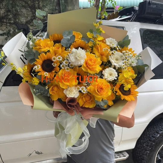 Bó Hoa Hướng Dương Vàng Phối Đồng Tiền Trắng