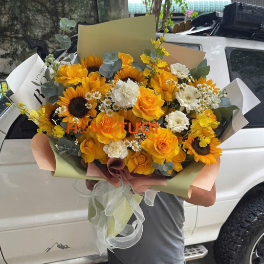 Bó Hoa Hướng Dương Vàng Phối Đồng Tiền Trắng