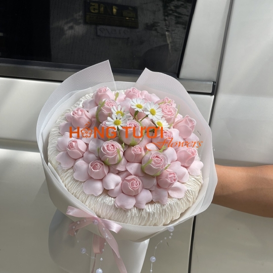 Bó Hoa Sáp Hồng Phấn Phối Cúc Trắng
