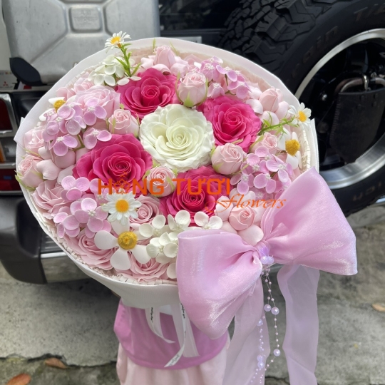 Bó Hoa Sáp Hồng Phối Hồng Trắng Nơ Hồng