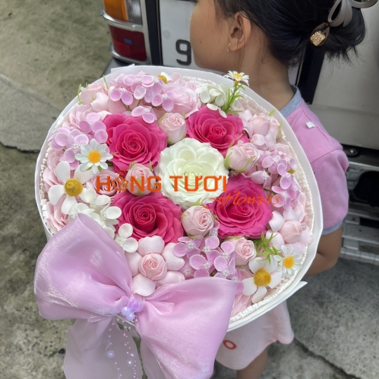 Bó Hoa Sáp Hồng Phối Hồng Trắng Nơ Hồng