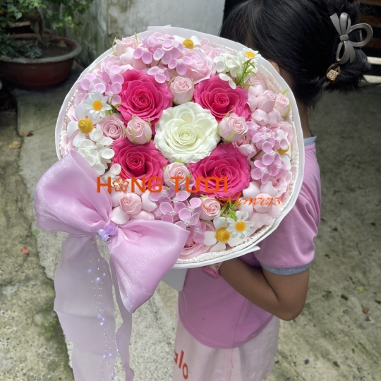 Bó Hoa Sáp Hồng Phối Hồng Trắng Nơ Hồng