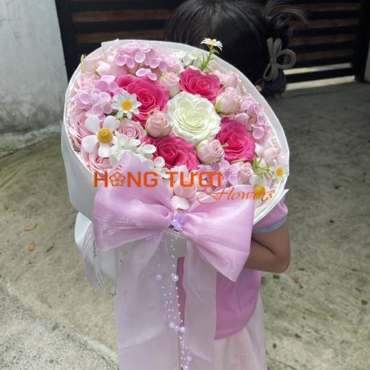 Bó Hoa Sáp Hồng Phối Hồng Trắng Nơ Hồng