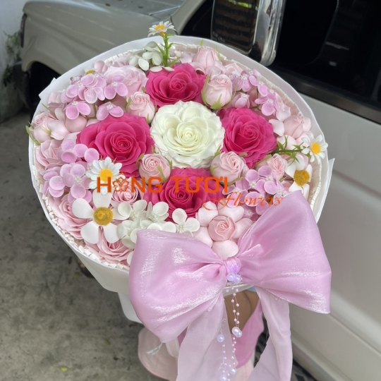 Bó Hoa Sáp Hồng Phối Hồng Trắng Nơ Hồng