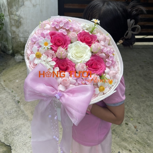 Bó Hoa Sáp Hồng Phối Hồng Trắng Nơ Hồng