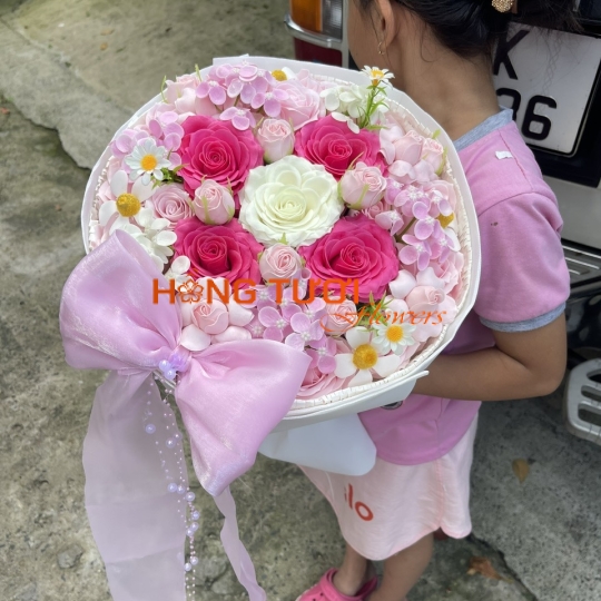 Bó Hoa Sáp Hồng Phối Hồng Trắng Nơ Hồng