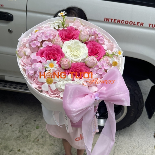Bó Hoa Sáp Hồng Phối Hồng Trắng Nơ Hồng