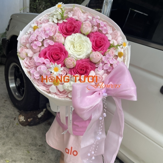 Bó Hoa Sáp Hồng Phối Hồng Trắng Nơ Hồng