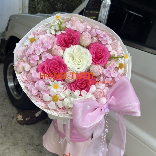 Bó Hoa Sáp Hồng Phối Hồng Trắng Nơ Hồng