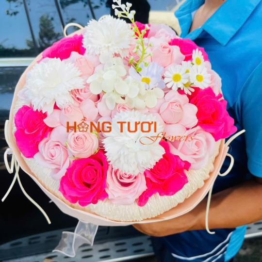 Bó Hoa Sáp Hồng Phối Trắng Dáng Tròn