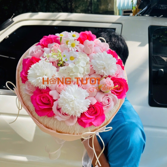 Bó Hoa Sáp Hồng Phối Trắng Dáng Tròn
