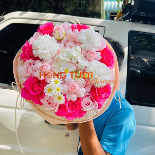 Bó Hoa Sáp Hồng Phối Trắng Dáng Tròn