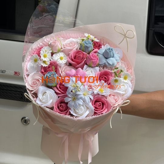 Bó Hoa Sáp Phối Hồng – Trắng – Xanh Pastel