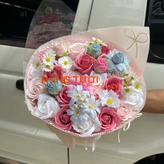 Bó Hoa Sáp Phối Hồng – Trắng – Xanh Pastel