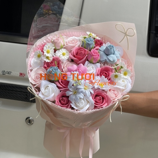 Bó Hoa Sáp Phối Hồng – Trắng – Xanh Pastel