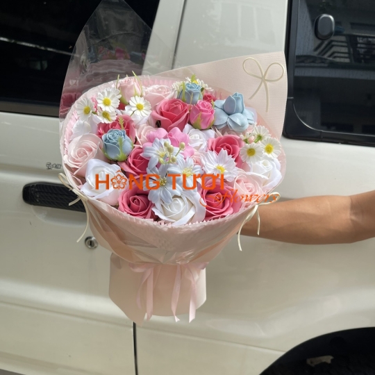 Bó Hoa Sáp Phối Hồng – Trắng – Xanh Pastel