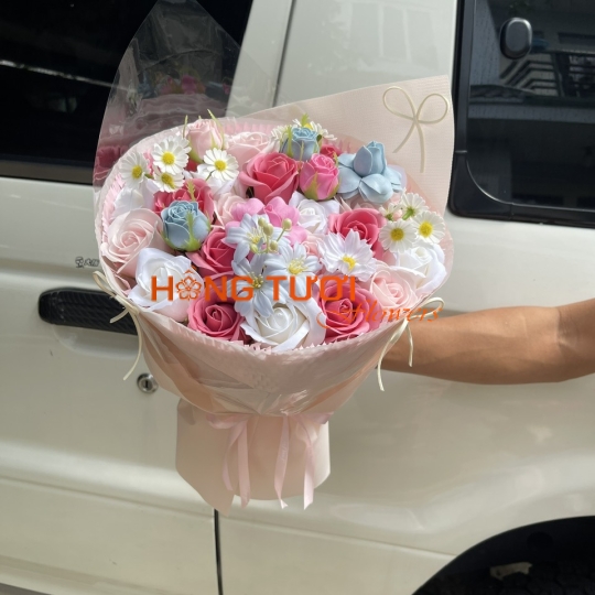 Bó Hoa Sáp Phối Hồng – Trắng – Xanh Pastel