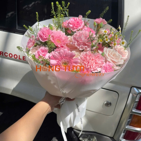 Bó Hoa Tươi Hồng Pastel Phối Đồng Tiền Và Cẩm Chướng