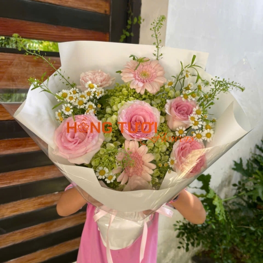 Bó Hoa Hồng Phấn Phối Đồng Tiền Và Cúc Tana
