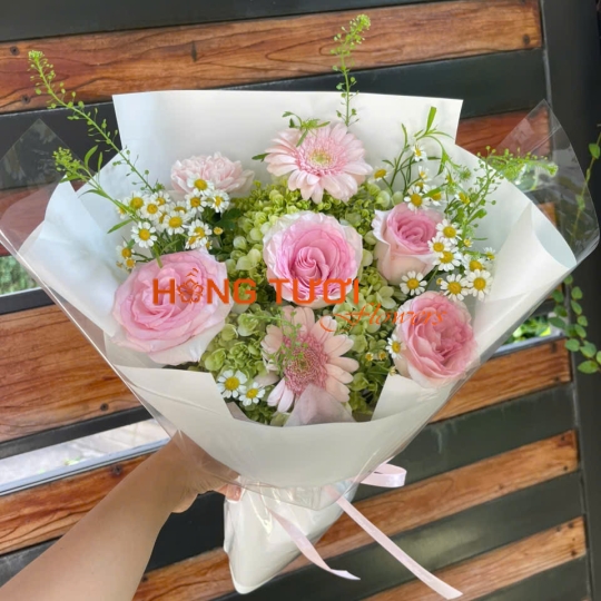 Bó Hoa Hồng Phấn Phối Đồng Tiền Và Cúc Tana